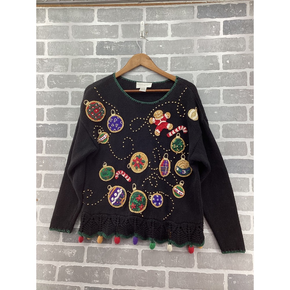 Casual Corner Limited Edition Vintage Christmas Sweater Black Pom Pom Ornament L
